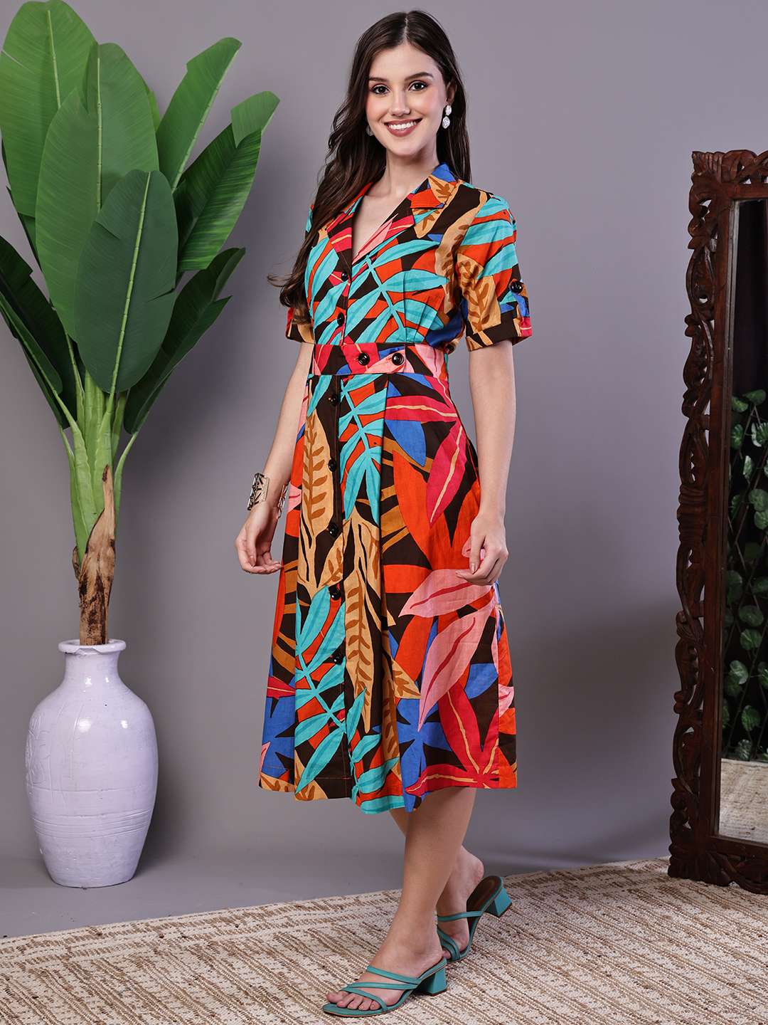Women's Leaf Print Button-Down Cotton Midi Dress - Image 3